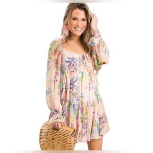 BTFL-Life x Anthropologie Floral Metallic Dot Babydoll Mini Dress in Sherbet